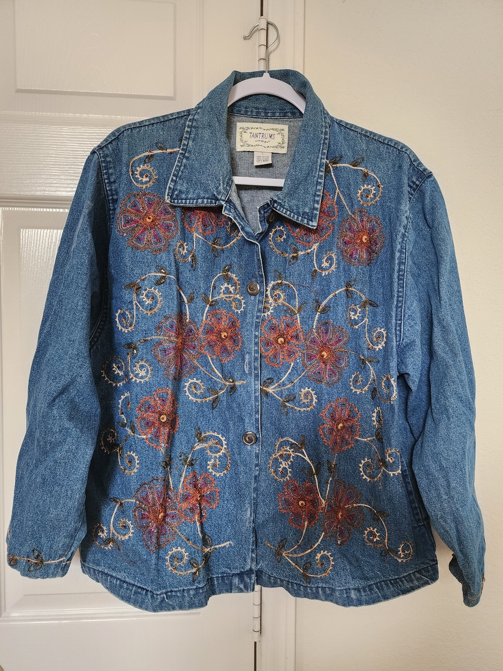Tantrum Blue Denim Jacket with Orange and Gold Embroidery